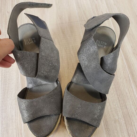 Amazon.com | Eileen Fisher Willow Bone Tumbled Leather 5.5 B  Eileen Fisher Willow Pewter Suede Espadrille Wedge Sandals, Size 8
